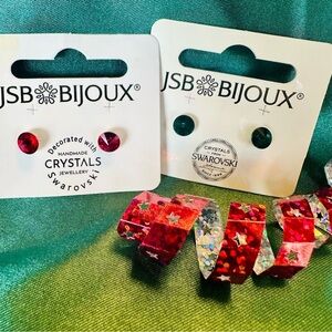 Crystal Stud Earrings Set – Made with Swarovski Elements – Red & Green NWT